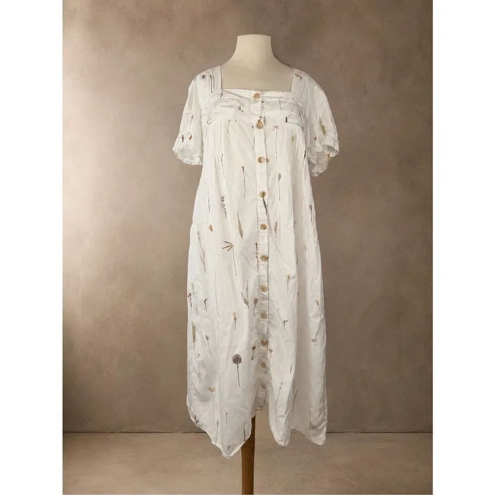 Sancia Sz M Anthropologie Alaia Pleated Midi Dress White Botanical Tencel Button